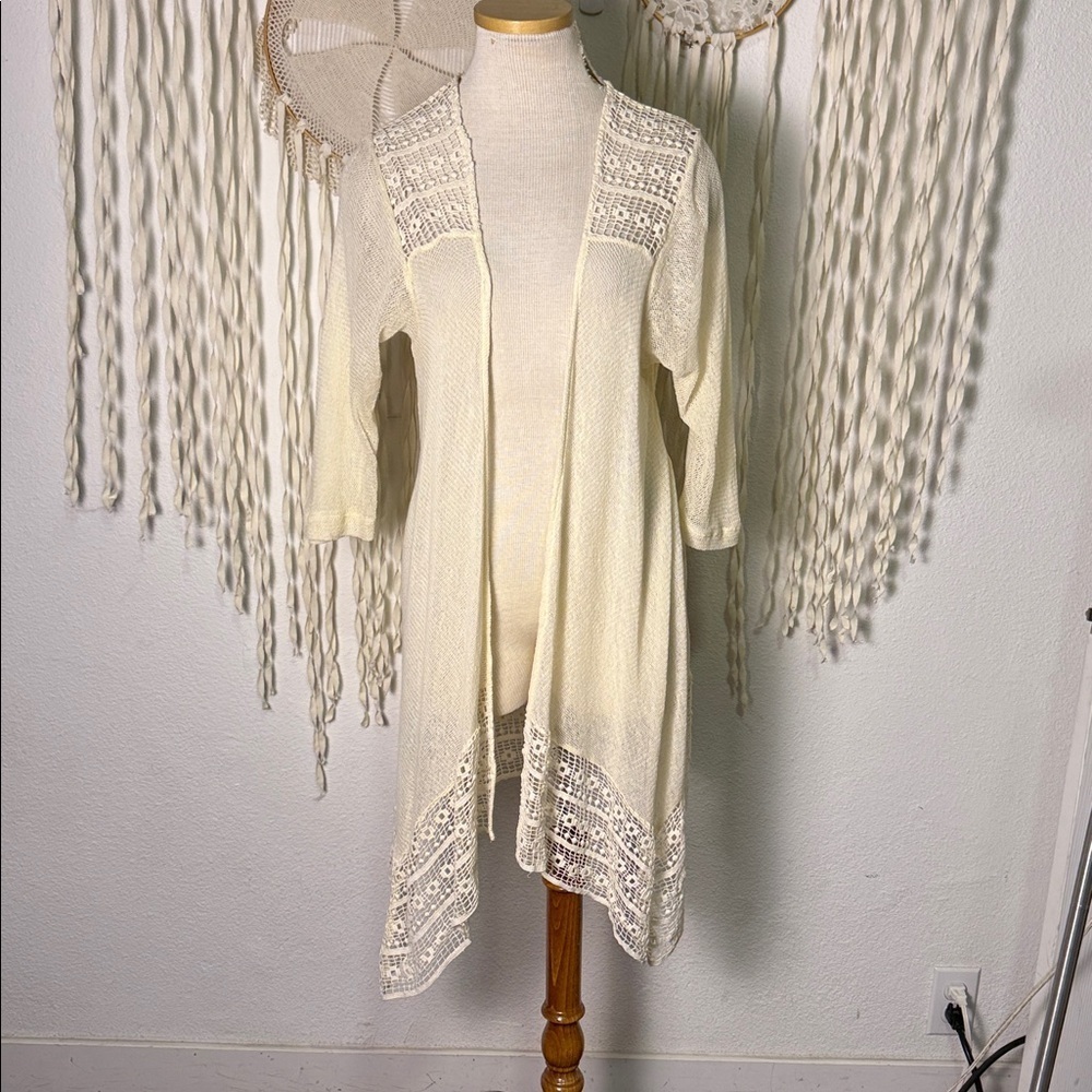 XCVI Cream Cotton Crochet Lace Open Front Cardigan Kimono Size Medium